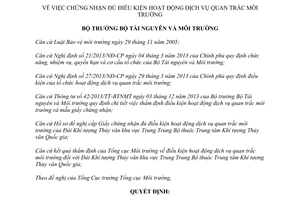 Quyết định 2996/QĐ-BTNMT chứng nhận đủ điều kiện hoạt động dịch vụ quan trắc môi trường 2014