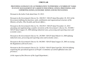 Circular No. 32/2014/TT-BLĐTBXH authorization to perform in state management of labor in industrial zones