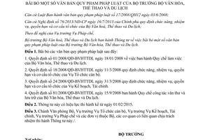 Thông tư 15/2014/TT-BVHTTDL bãi bỏ văn bản quy phạm pháp luật Bộ trưởng Bộ Văn hóa Thể thao Du lịch