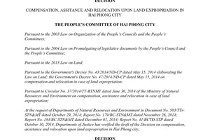 Decision 2680/2014/QĐ-UBND compensation assitance relocation upon land expropriation Hai Phong