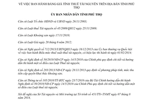 Quyết định 17/2014/QĐ-UBND Bảng giá tính thuế tài nguyên Phú Thọ