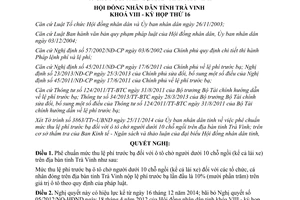 Nghị quyết 18/2014/NQ-HĐND thu lệ phí trước bạ đối ô tô dưới 10 chỗ ngồi tỉnh Trà Vinh