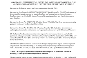 Circular No. 185/2014/TT-BTC changes in preferential import tax rates imposed on petroleum articles in heading 27.10