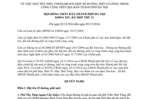 Nghị quyết 17/2014/NQ-HĐND đặt tên điều chỉnh độ dài đường phố công trình công cộng Hà Nội