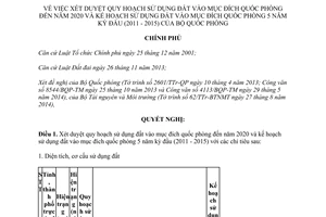 Nghị quyết 91/NQ-CP 2014 quy hoạch đất vào mục đích quốc phòng đến 2020 kế hoạch sử dụng đất 2011 2015