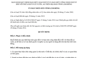 Quyết định 65/2014/QĐ-UBND hạn mức giao công nhận đất ở thửa đất ở có vườn ao Lâm Đồng