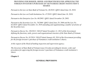 Circular No. 38/2014/TT-NHNN foreign investor’s purchase of Vietnamese credit institution’s shares