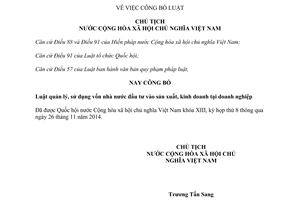 Lệnh công bố Luật quản lý sử dụng vốn nhà nước đầu tư vào sản xuất kinh doanh tại doanh nghiệp 2014