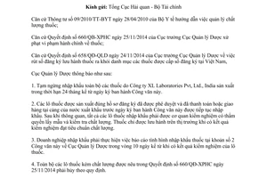 Công văn 21045/QLD-KD 2014 tạm ngừng nhập khẩu thuốc Công ty XL Laboratories Pvt., Ltd., India sản xuất