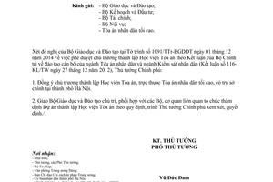 Công văn 2584/TTg-KGVX chủ trương thành lập Học viện Tòa án 2014