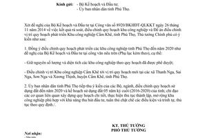 Công văn 2501/TTg-KTN 2014 điều chỉnh quy hoạch phát triển các khu công nghiệp Phú Thọ đến 2020