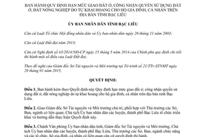 Quyết định 03/2015/QĐ-UBND hạn mức giao đất ở công nhận quyền sử dụng đất ở đất nông nghiệp Bạc liêu