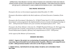 Decision No. 134/QD-TTg 2015 project on re-structuring of construction sector in 2014 2020 period