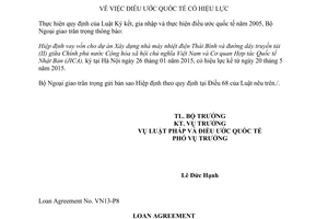 Thông báo 27/2015/TB-LPQT Hiệp định vay vốn dự án nhà máy nhiệt điện Thái Bình Việt Nam Nhật Bản