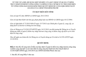 Quyết định 03/2015/QĐ-UBND sửa đổi 12/2014/QĐ-UBND truy nhập internet trò chơi điện tử Bình Phước