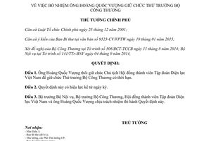 Quyết định 135/QĐ-TTg bổ nhiệm đồng chí Hoàng Quốc Vượng Thứ trưởng Bộ Công Thương 2015