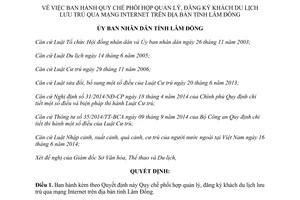 Quyết định 06/2015/QĐ-UBND phối hợp quản lý đăng ký khách du lịch lưu trú qua Internet Lâm Đồng