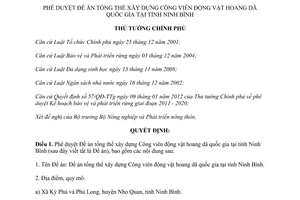 Quyết định 154/QĐ-TTg 2015 Đề án xây dựng Công viên động vật hoang dã quốc gia Ninh Bình