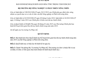 Quyết định 367/QĐ-BNN-PC ban hành Kế hoạch đơn giản hóa thủ tục hành chính trọng tâm 2015