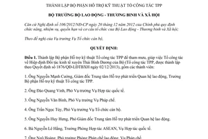 Quyết định 173/QĐ-LĐTBXH 2015 thành lập Bộ phận Hỗ trợ kỹ thuật Tổ công tác TPP