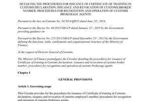 Circular No. 12/2015/TT-BTC detailing issuance certificate training customs declaration brokerage agents