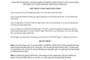 Quyết định 168/QĐ-UBND công bố danh mục văn bản quy phạm pháp luật hết hiệu toàn bộ Cà Mau 2015