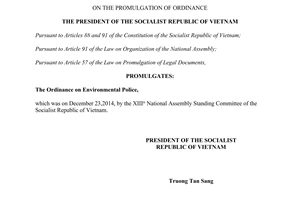 Order No. 01/2015/L-CTN on the promulgation of The Ordinance on Environmental Police