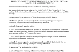 Circular No. 04/2015/TT-BCA specimen papers concerning foreigners entering leaving residing in Vietnam