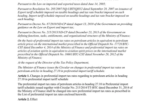 Circular No. 03/2015/TT-BTC changes in preferential import tax rates on petroleum articles in heading 27.10