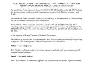 Circular No. 01/2015/TT-BCT procedures registering stamps seals commercial appraisal service businesses