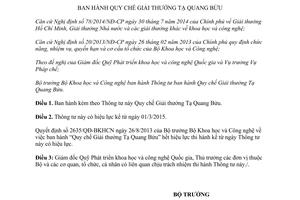 Thông tư 01/2015/TT-BKHCN Quy chế giải thưởng Tạ Quang Bửu