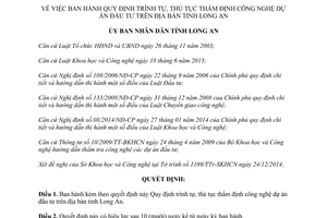 Quyết định 03/2015/QĐ-UBND trình tự thủ tục thẩm định công nghệ dự án đầu tư Long An