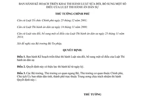 Quyết định 55/QĐ-TTg 2015 Kế hoạch triển khai thi hành Luật sửa đổi bổ sung Luật Thi hành án dân sự