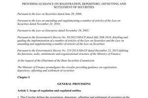 Circular No. 05/2015/TT-BTC providing guidance on registration depository offsetting settlement of securities
