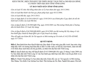 Quyết định 02/2015/QĐ-UBND hạn mức giao đất công nhận đất ở diện tích đất được tách thửa Vĩnh Long