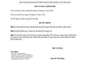 Quyết định 59/QĐ-TTg 2015 Kế hoạch triển khai thi hành Luật hộ tịch