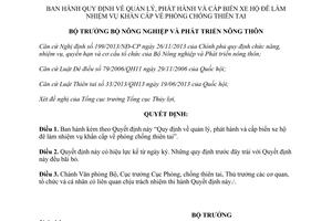 Quyết định 113/QĐ-BNN-TCTL 2015 phát hành cấp biển xe hộ đê nhiệm vụ phòng chống thiên tai