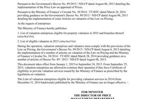 Notification No. 38/TB-BTC disclosure list valuation enterprises valuators eligibile property in 2015