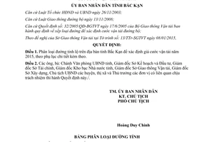 Quyết định 86/QĐ-UBND phân loại đường tỉnh lộ để xác định giá cước vận tải 2015 Bắc Kạn