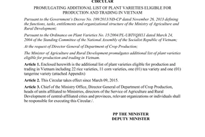 Circular No. 01/2015/TT-BNNPTNT list of plant varieties eligible for production and trading in Vietnam