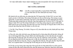 Công điện 115/CĐ-TTg 2015 đôn đốc thực hiện nhiệm vụ chuẩn bị đón Tết Nguyên đán Ất Mùi