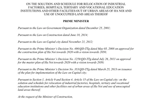 Decision 130/QD-TTg schedule relocation industrial factories hospitals tertiary out of urban areas Ha Noi