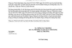 Công văn 213/TCT-DNL 2015 chính sách về hóa đơn đối với Chi nhánh Thông tin di động Bạc Liêu