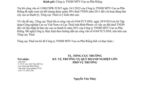 Công văn 265/TCT-DNL 2015 ưu đãi thuế thu nhập doanh nghiệp từ bán cây cao su thanh lý