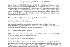Công văn 1149/BTC-TCNH nghĩa vụ quyền lợi đánh giá thành viên đấu thầu trái phiếu Chính phủ 2015