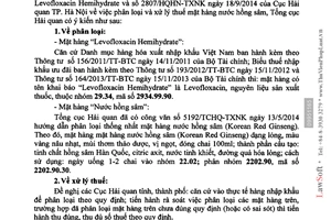 Công văn 695/TCHQ-TXNK 2015 thuế xuất nhập khẩu Nước hồng sâm và Levofloxacin Hemihydrate