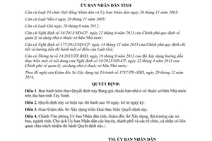 Quyết định 09/2015/QĐ-UBND bảng giá chuẩn bán nhà ở cũ thuộc sở hữu nhà nước Tây Ninh