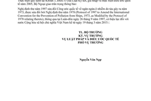 Thông báo hiệu lực của Nghị định thư 1997 sửa đổi Công ước quốc tế về ngăn ngừa ô nhiễm