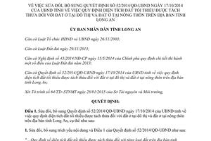 Quyết định 09/2015/QĐ-UBND sửa đổi 52/2014/QĐ-UBND tỉnh Long An