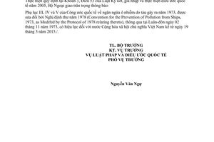 Thông báo hiệu lực của Phụ lục III IV V Công ước quốc tế về ngăn ngừa ô nhiễm do tàu gây ra 1973